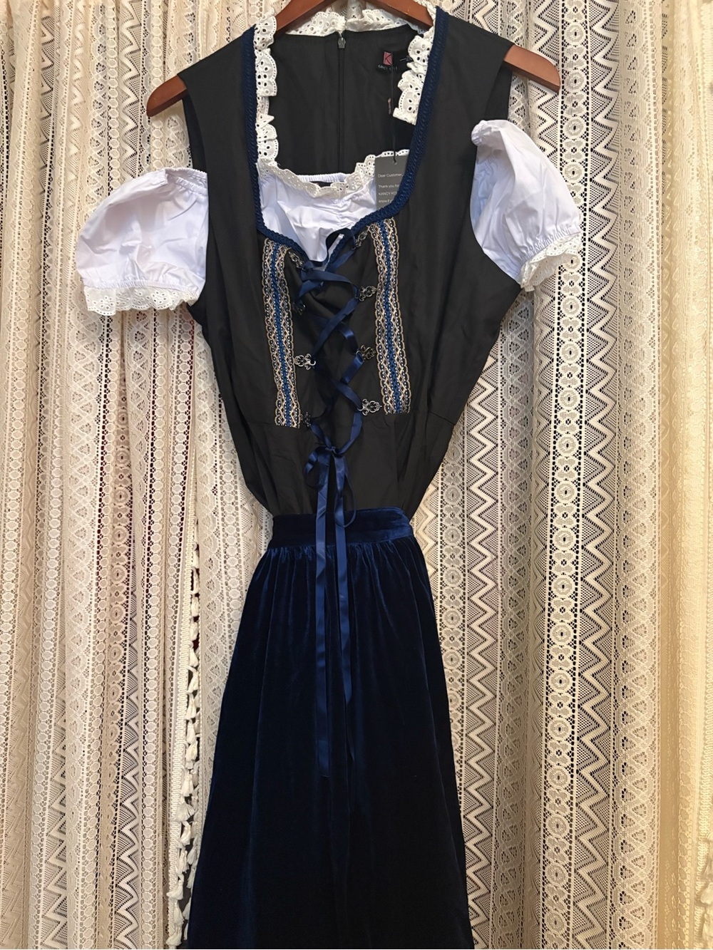 Classic Navy Velvet-Trim Midi Dress with White Blouse Insert